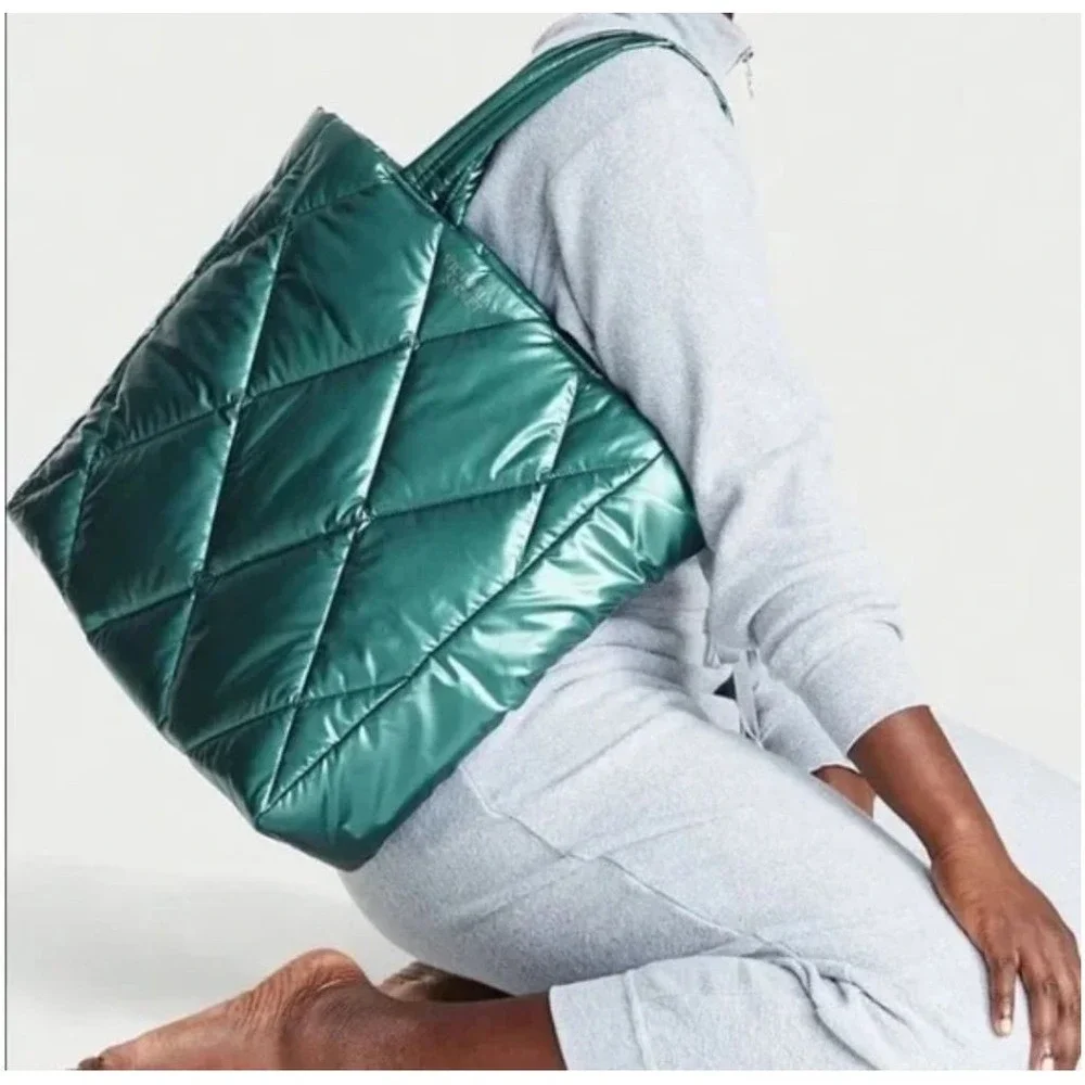 Victoria's Secret Emerald Teal Metallic Quilt Puffer Tote Bag weekender carry on